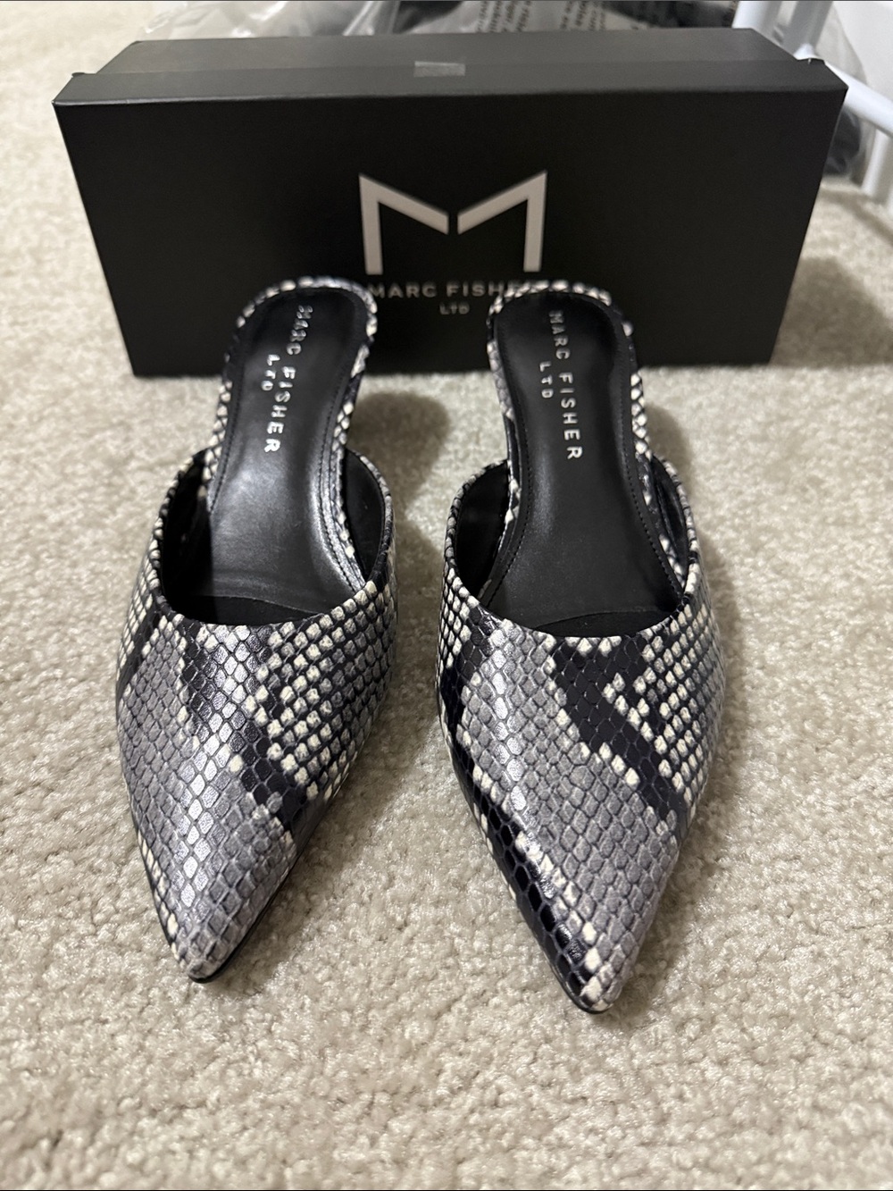 NWB: Marc Fisher Gray & Black Snakeskin Pointed-Toe Mules